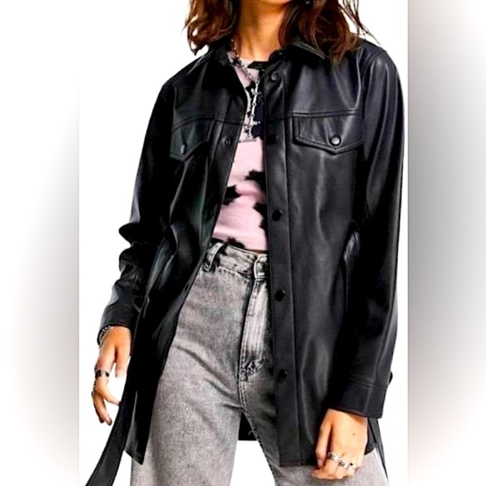 Rebecca Minkoff Faux Leather Black Belted Shirt Jacket XL New